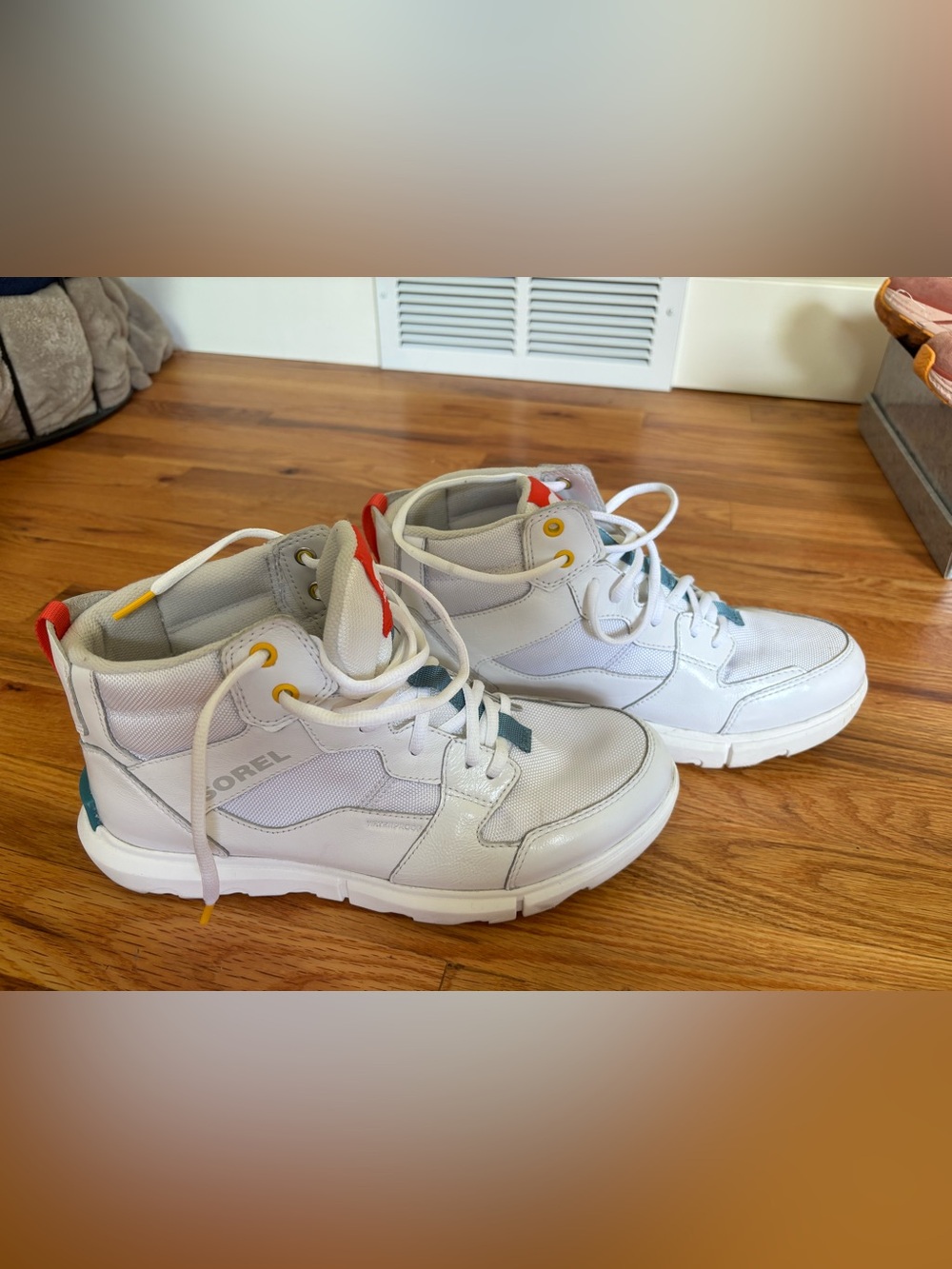 Sorel White High-Top Sneakers with Red, turquoise  and Yellow Accents